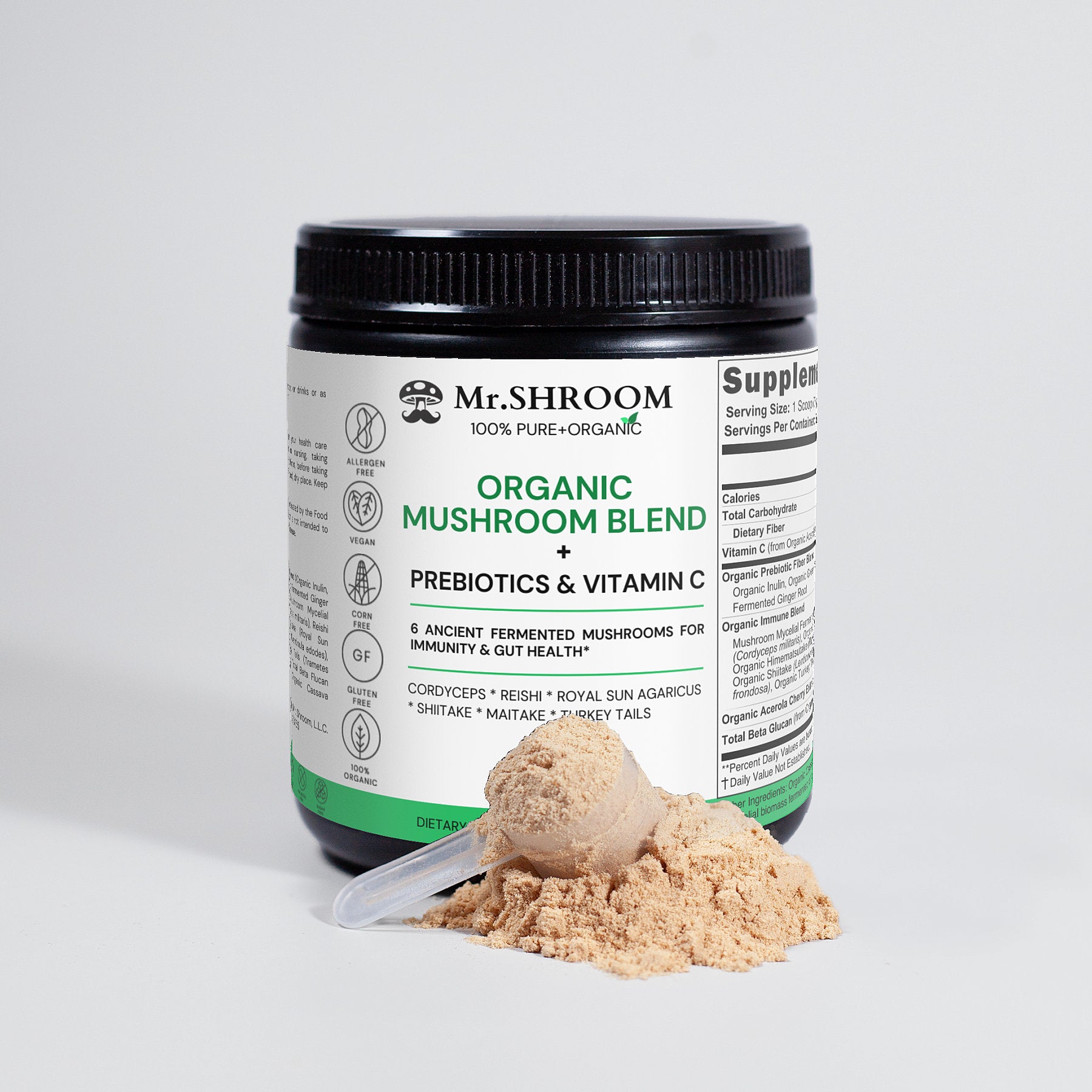 Organic Mushroom Blend with Prebiotic and  Vitamin C Immunity and Gut Health