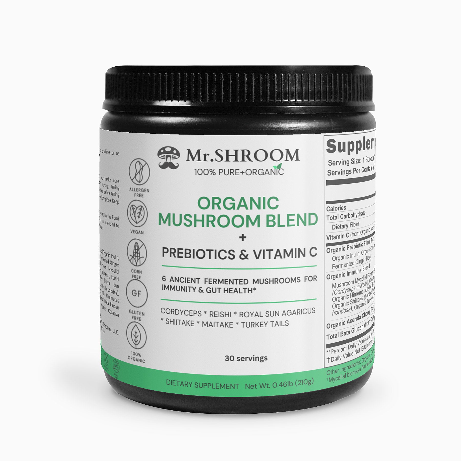 Organic Mushroom Blend with Prebiotic and  Vitamin C Immunity and Gut Health